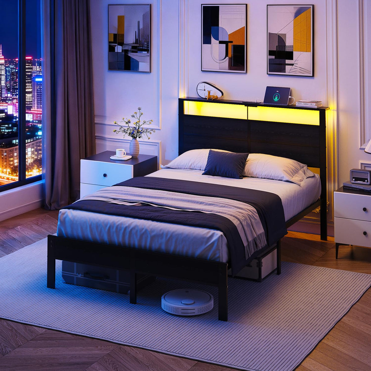 Full Size Metal Bed Frame with Storage Headboard I6719