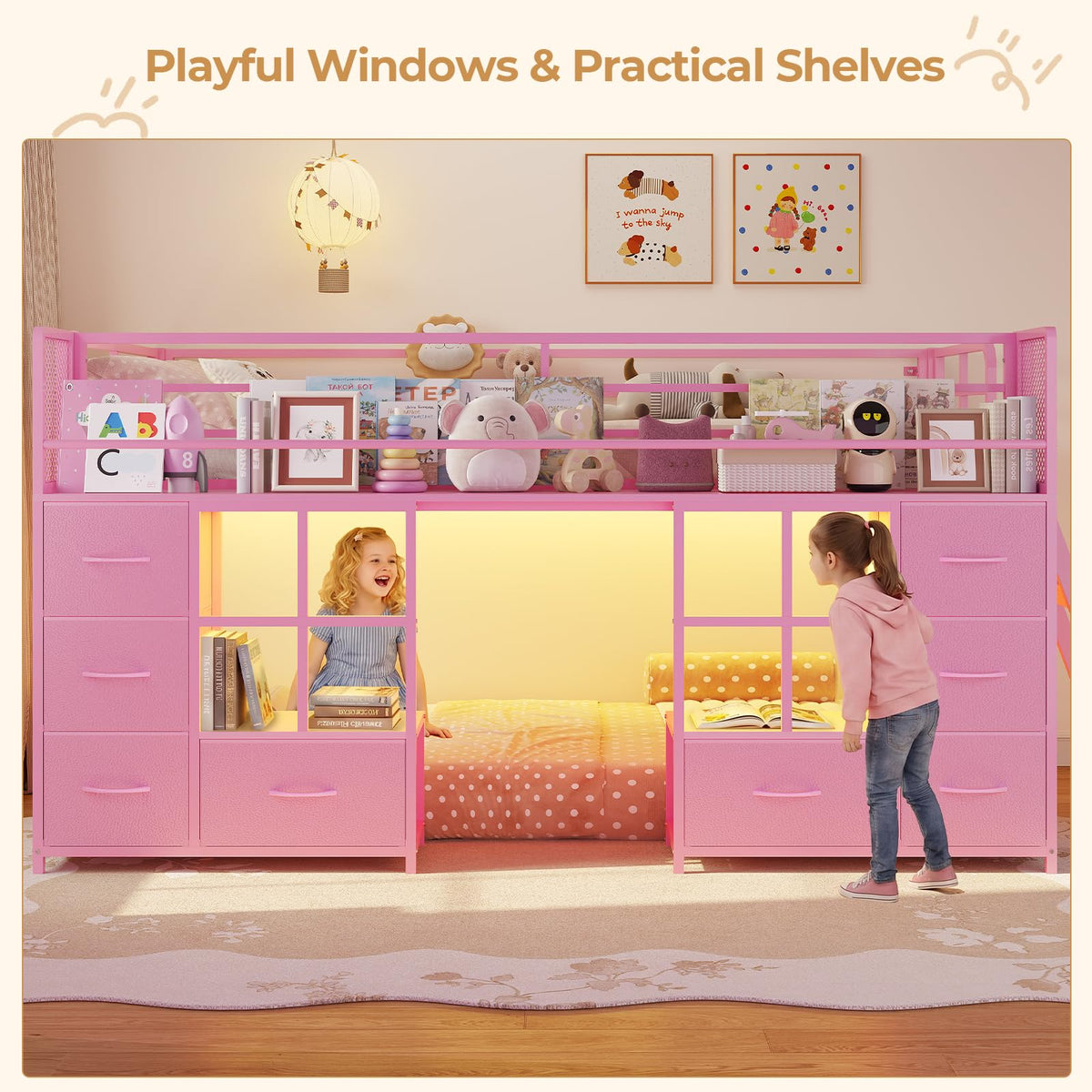 Twin Over Twin Bunk Bed with 8 Drawers & Bookshelf D4961