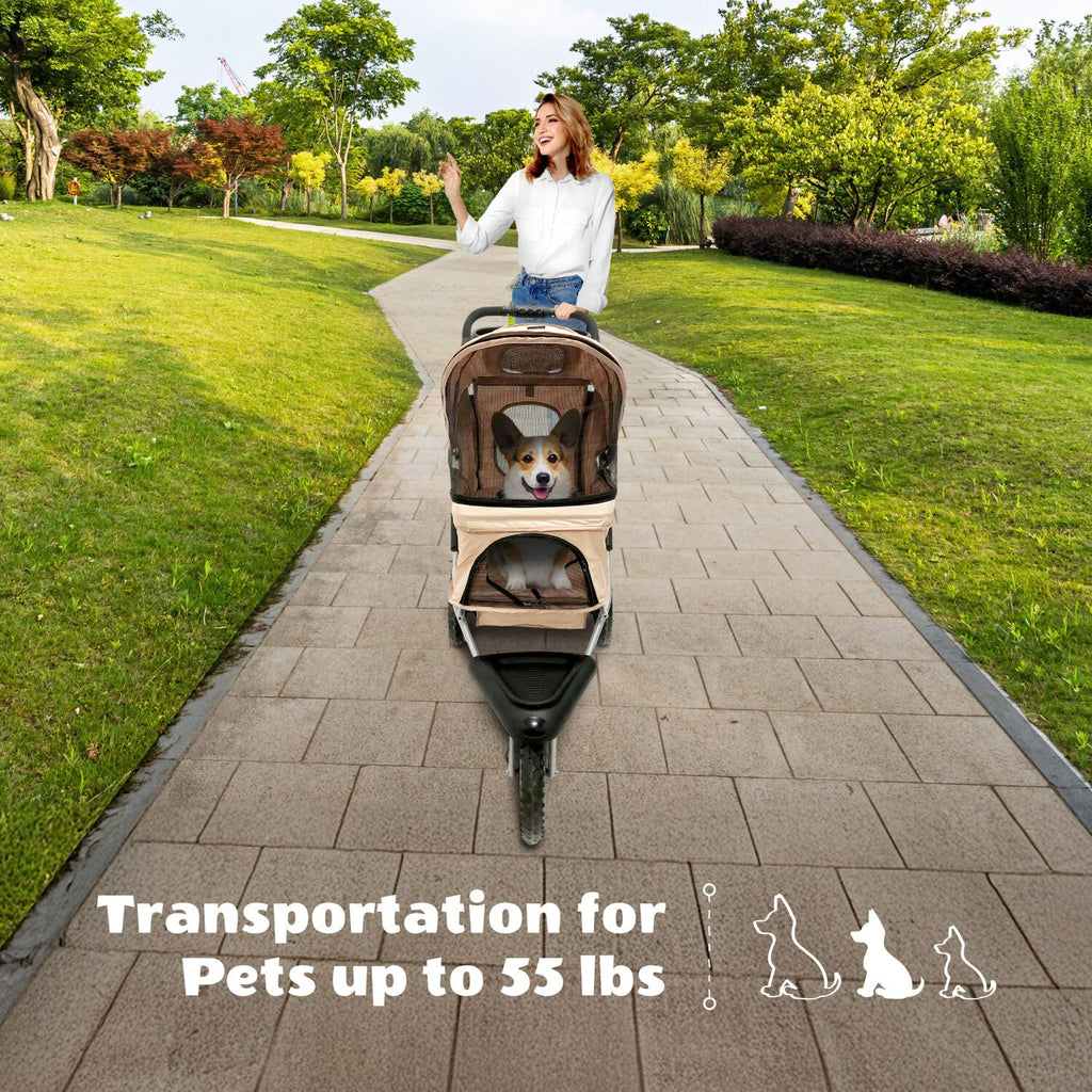 3-Wheel Dog Stroller with Storage Basket and Cup Holders, Tan Y286