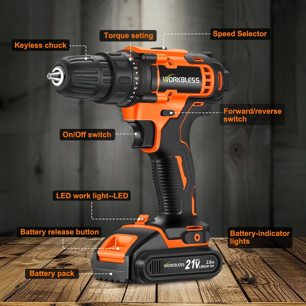 21V Cordless Drill Set with Battery Charger U1784