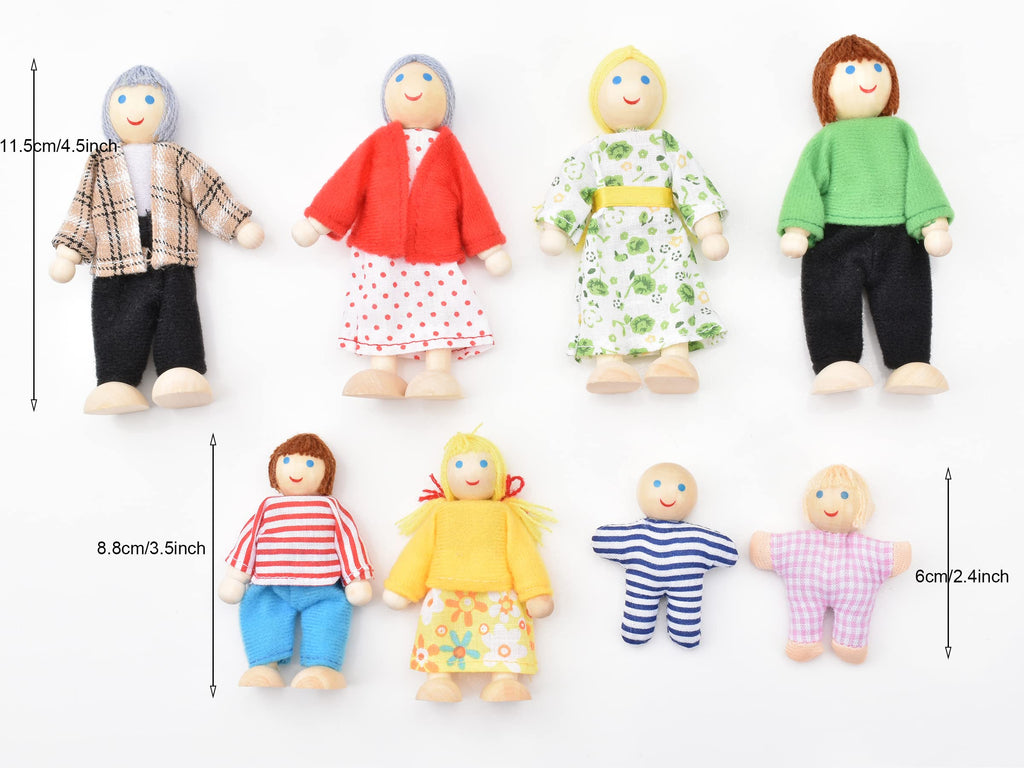 Wooden Dollhouse Dolls Family Set of 8 Miniature Figures and 2 Pets U9814