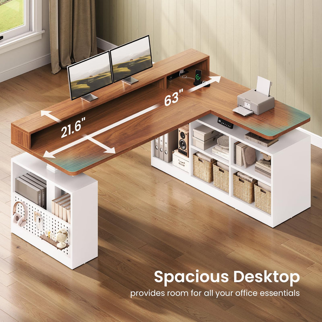 63" L Shaped Electric Standing Desk with Storage L975