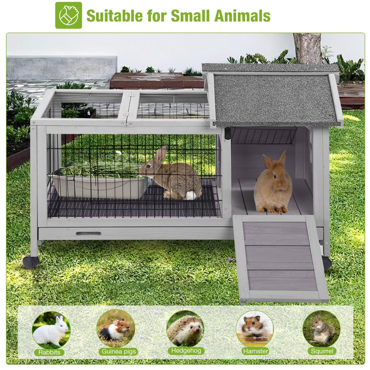 Wooden Rabbit Hutch with Removable Wire Netting and Leak Proof Tray B8538