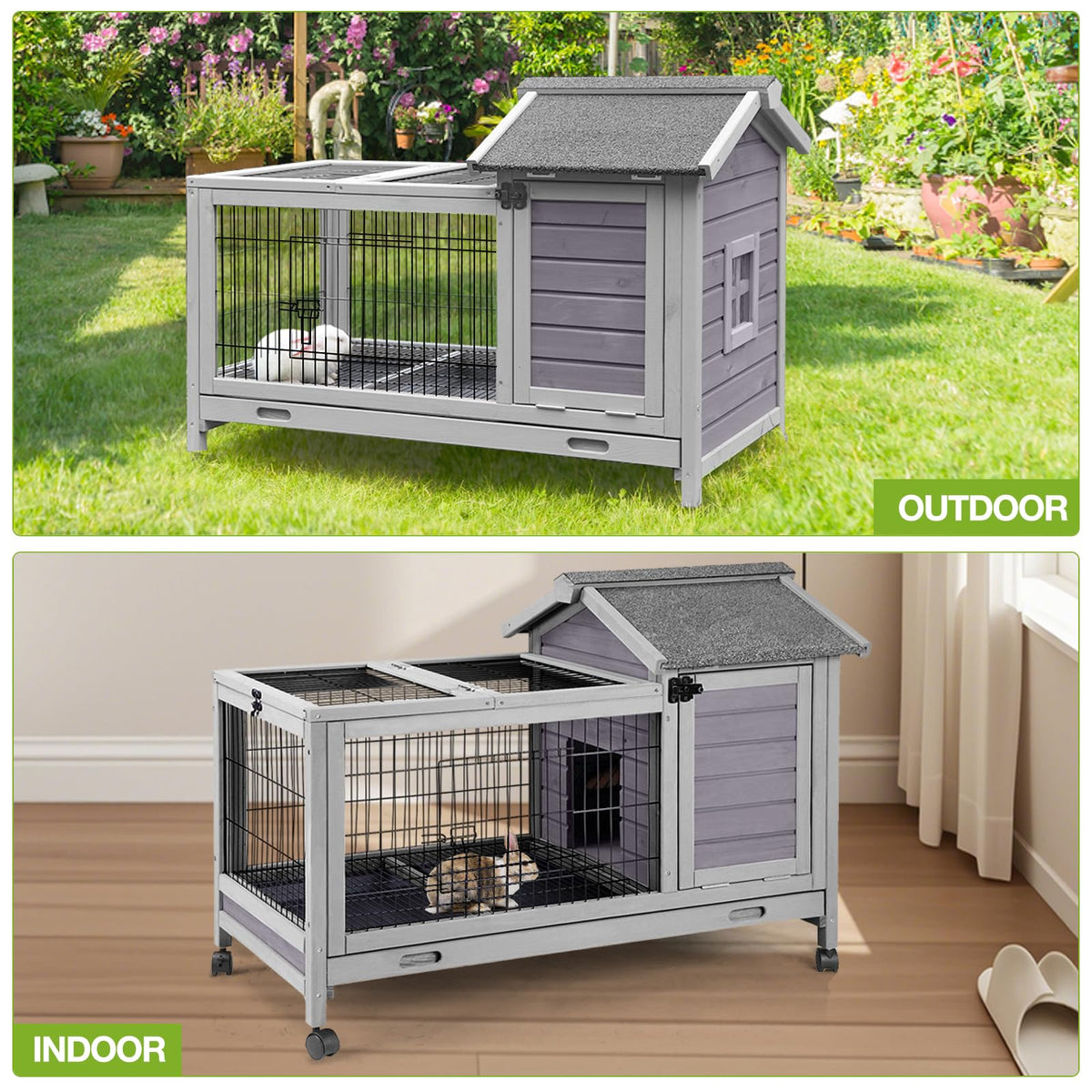 Wooden Rabbit Hutch with Removable Wire Netting and Leak Proof Tray B8538