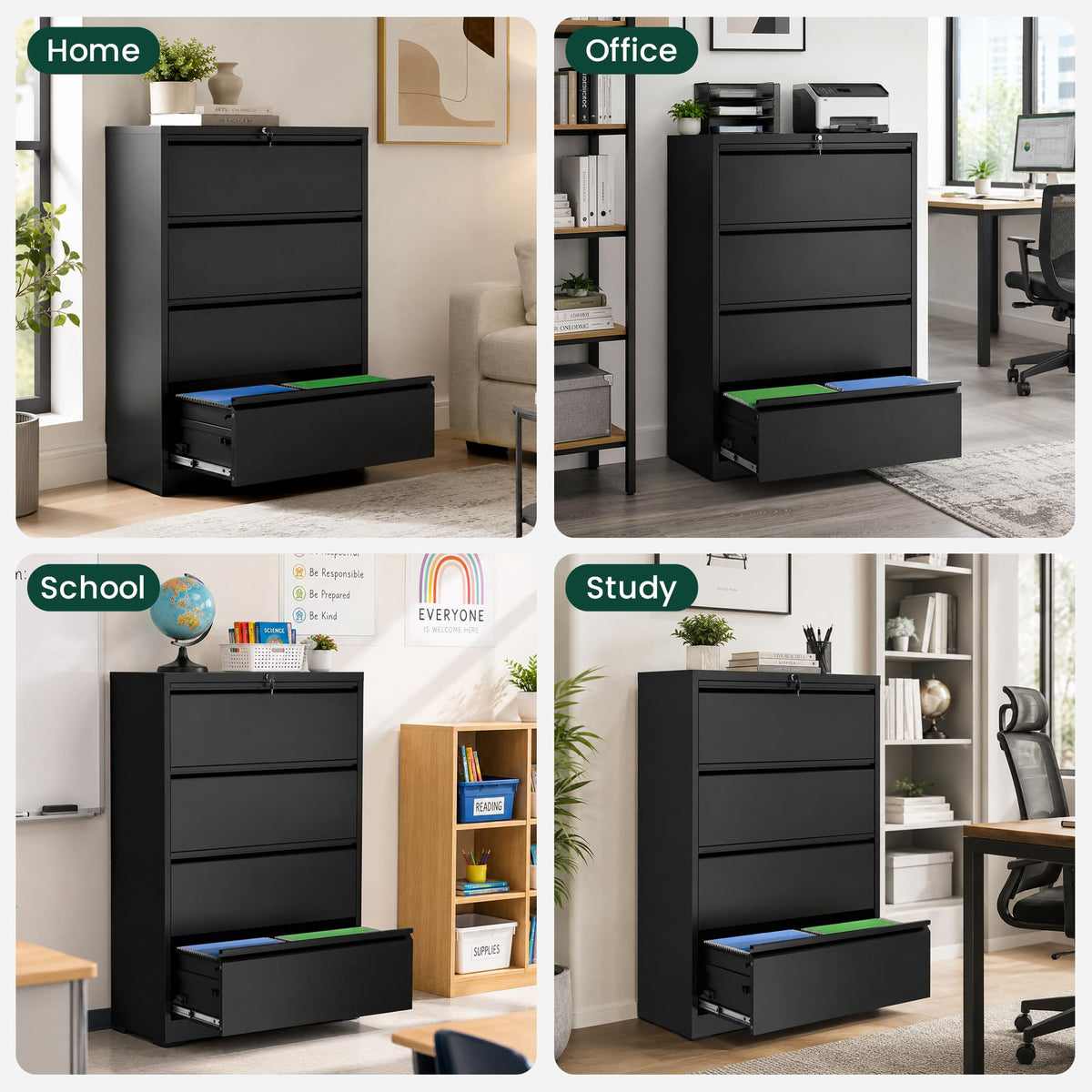 4 Drawer Black Metal File Cabinet L255