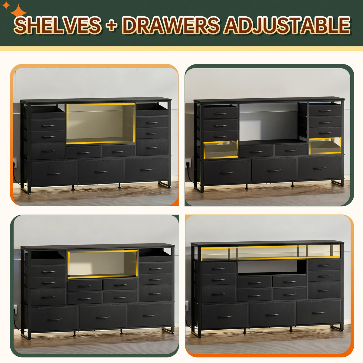 Black TV Stand with LED Lights & Charging Station, 15 Fabric Drawers G476969