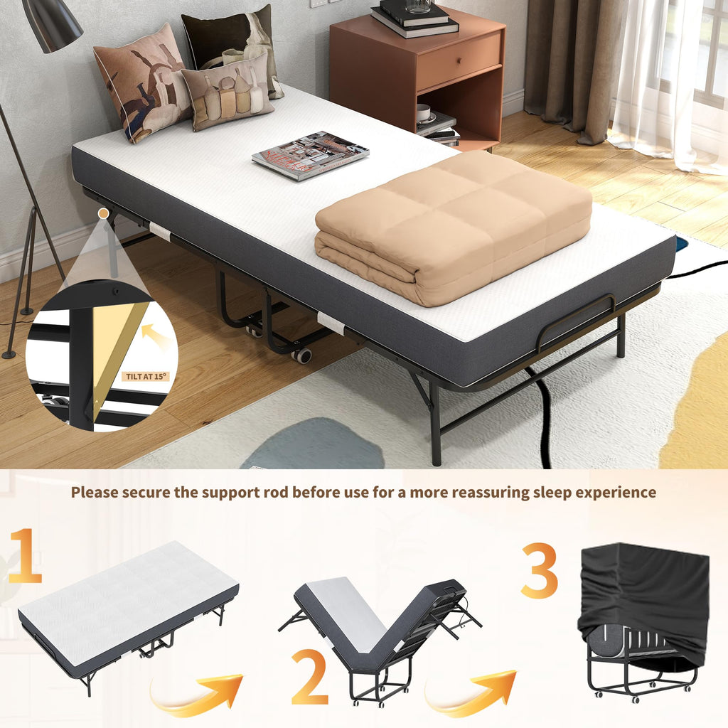 Folding Bed with Mattress, Twin Size, Portable Rollaway Bed on Wheels with Memory Mattress and Metal Frame Y65933