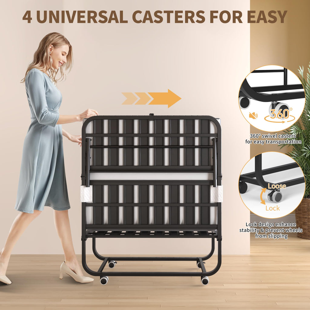 Folding Bed with Mattress, Twin Size, Portable Rollaway Bed on Wheels with Memory Mattress and Metal Frame Y65933
