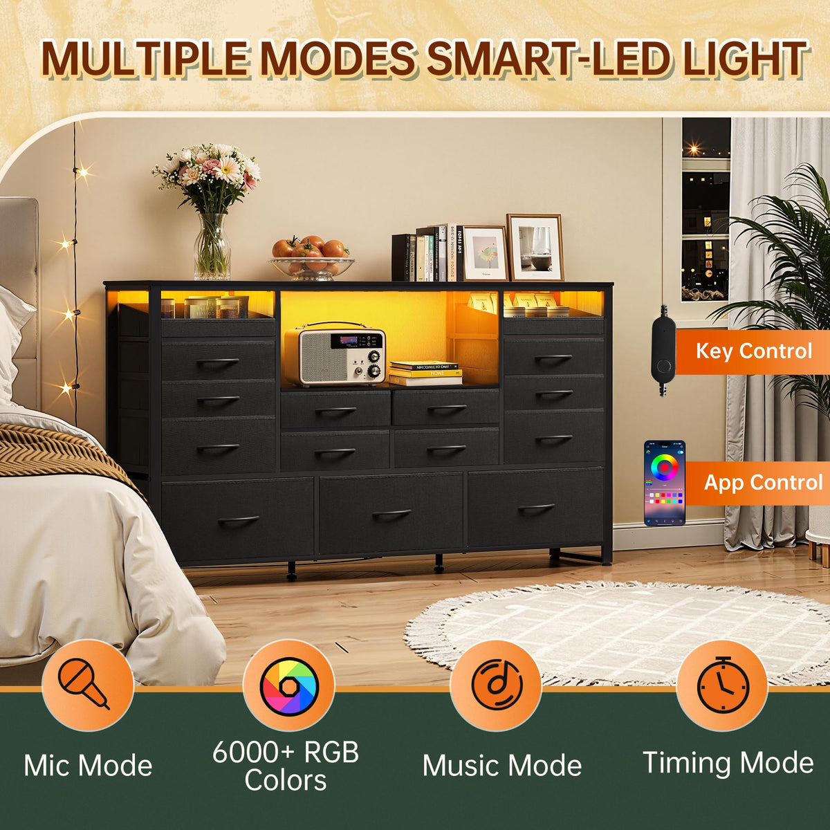 Black TV Stand with LED Lights & Charging Station, 15 Fabric Drawers G476969