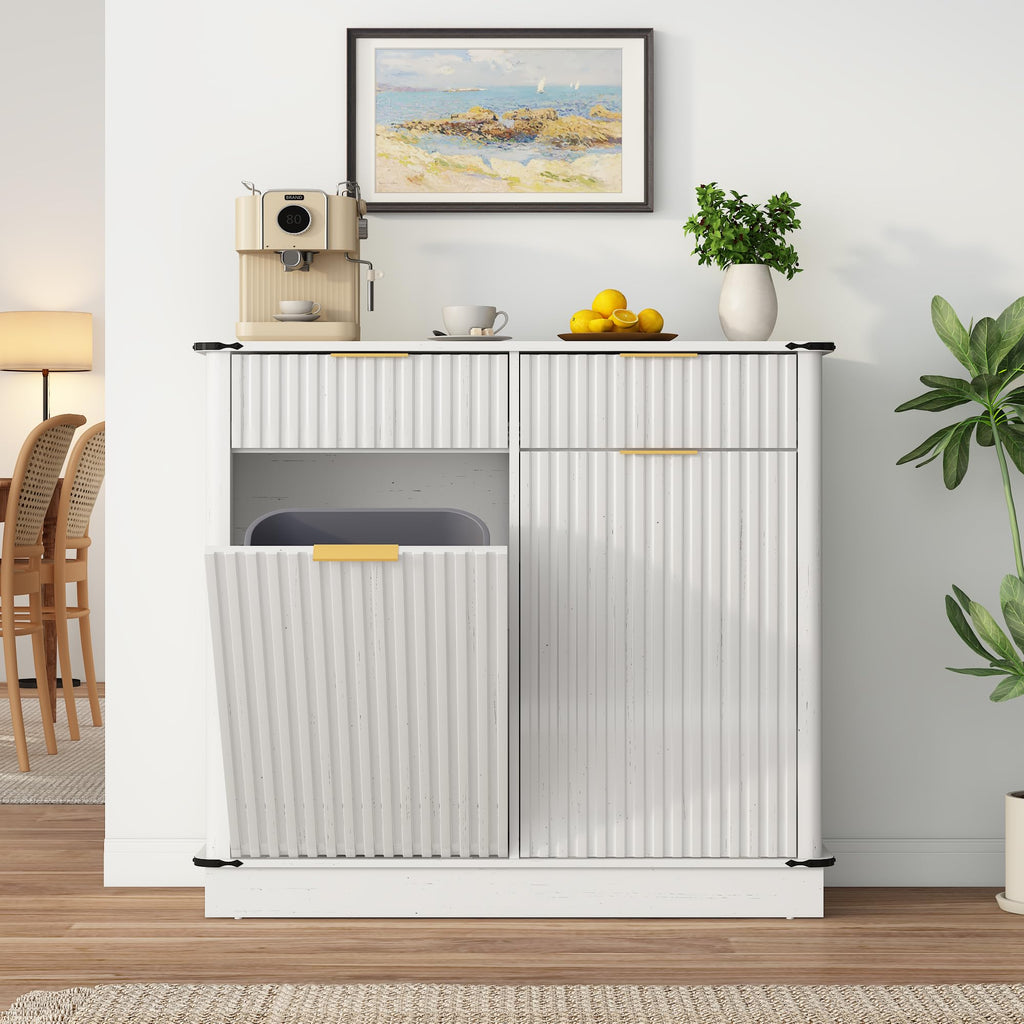 White 20 Gallon Tilt Out Trash Cabinet with Charging Station and 2 Drawers D93774