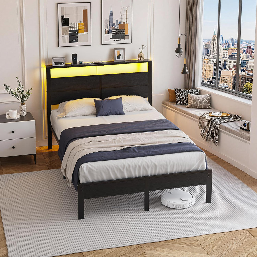 Full Size Metal Bed Frame with Storage Headboard I6719