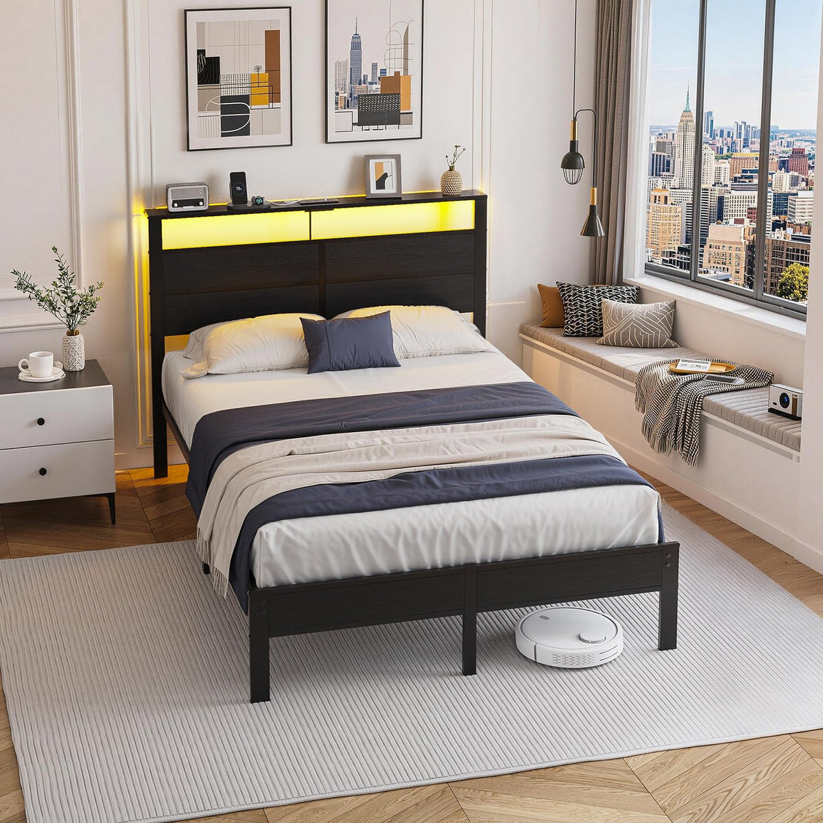Full Size Metal Bed Frame with Storage Headboard I6719