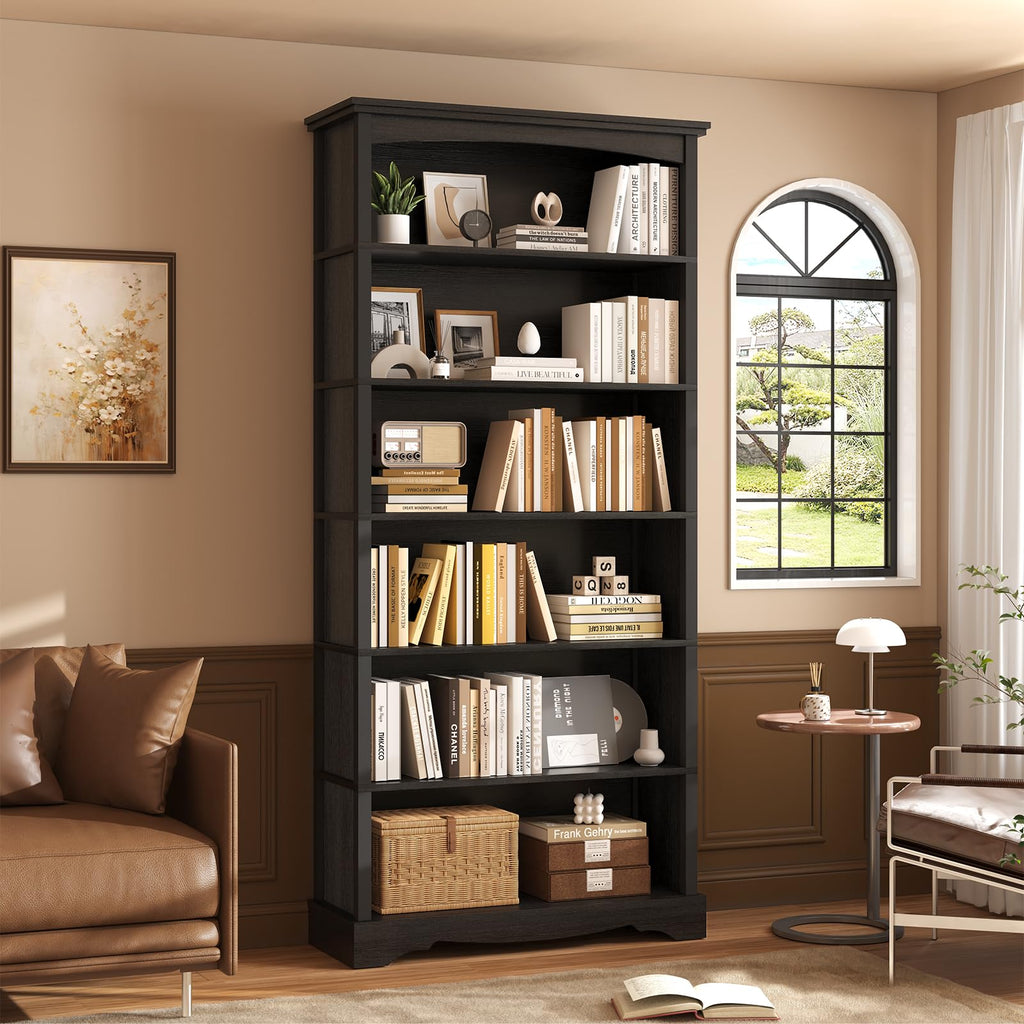 6-Tier 76 Inch Tall Black Wooden Bookshelf S8476