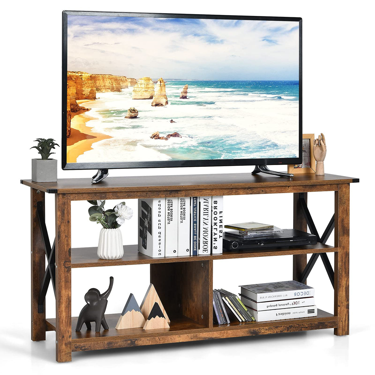 Brown 3 Tier Wood TV Stand with Open Shelves B13859