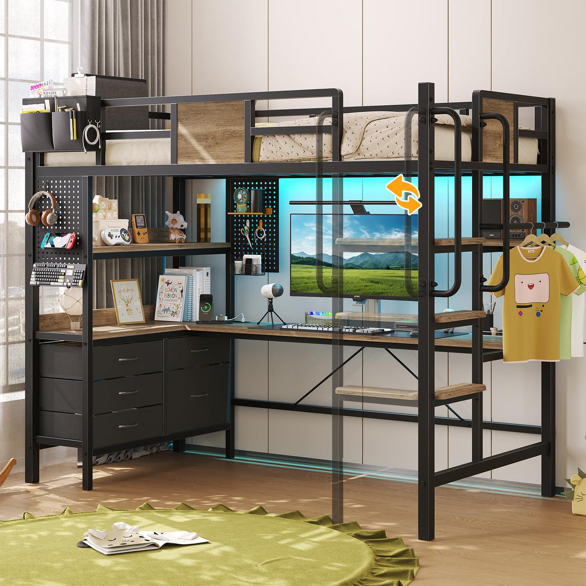 Twin Size Loft Bed with Desk and 5 Drawer L4893