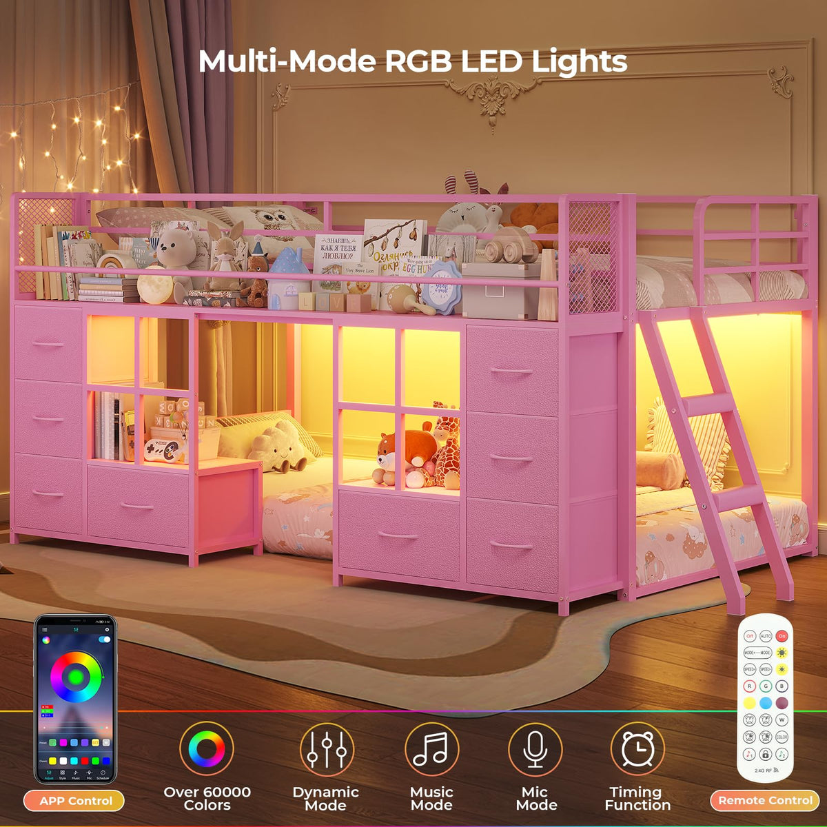 Twin Over Twin Bunk Bed with 8 Drawers & Bookshelf D4961