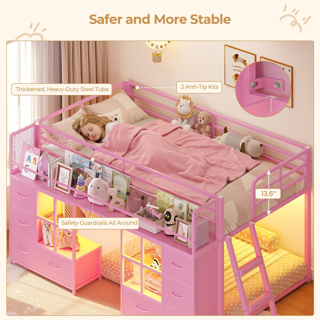 Twin Over Twin Bunk Bed with 8 Drawers & Bookshelf D4961