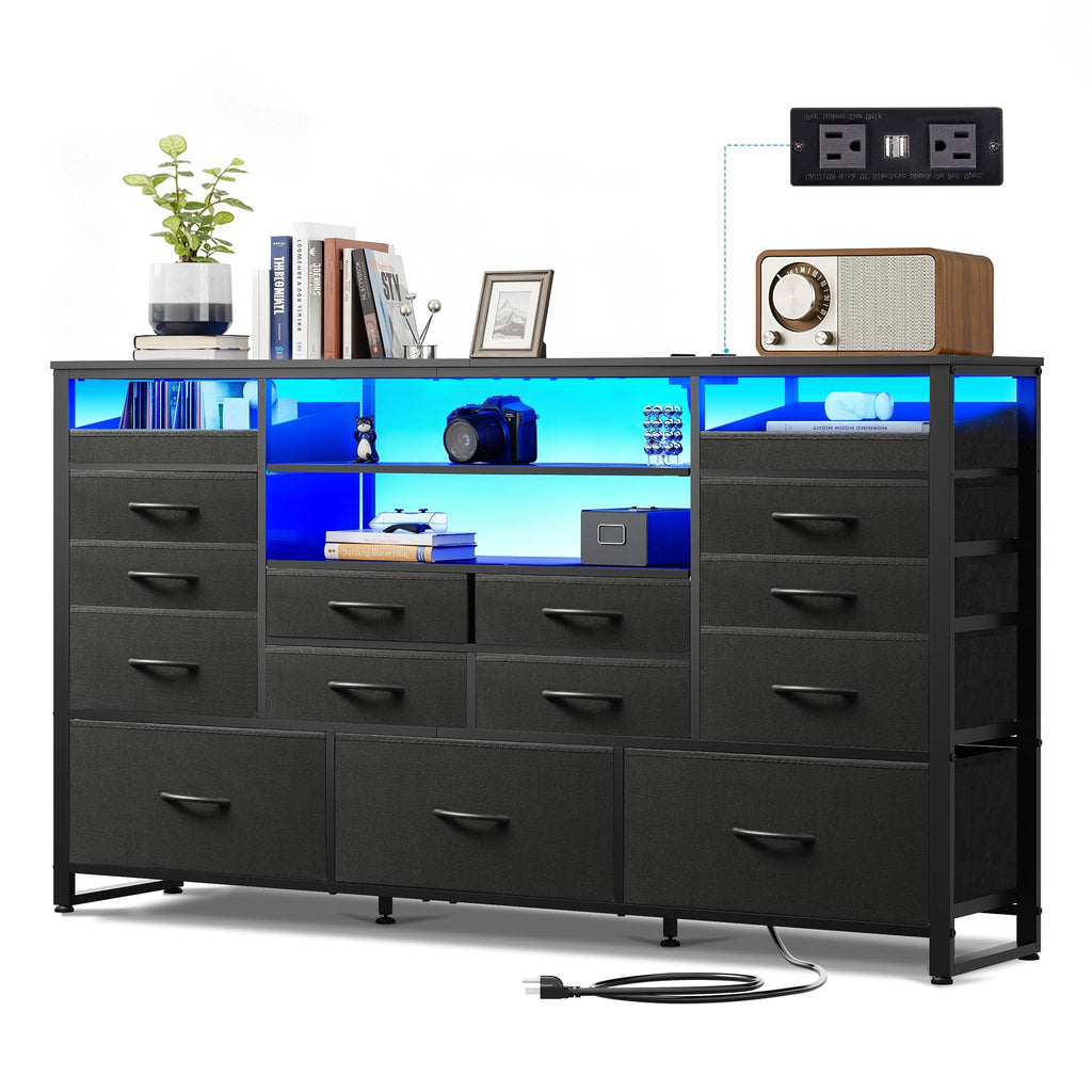 Black TV Stand with LED Lights & Charging Station, 15 Fabric Drawers G476969