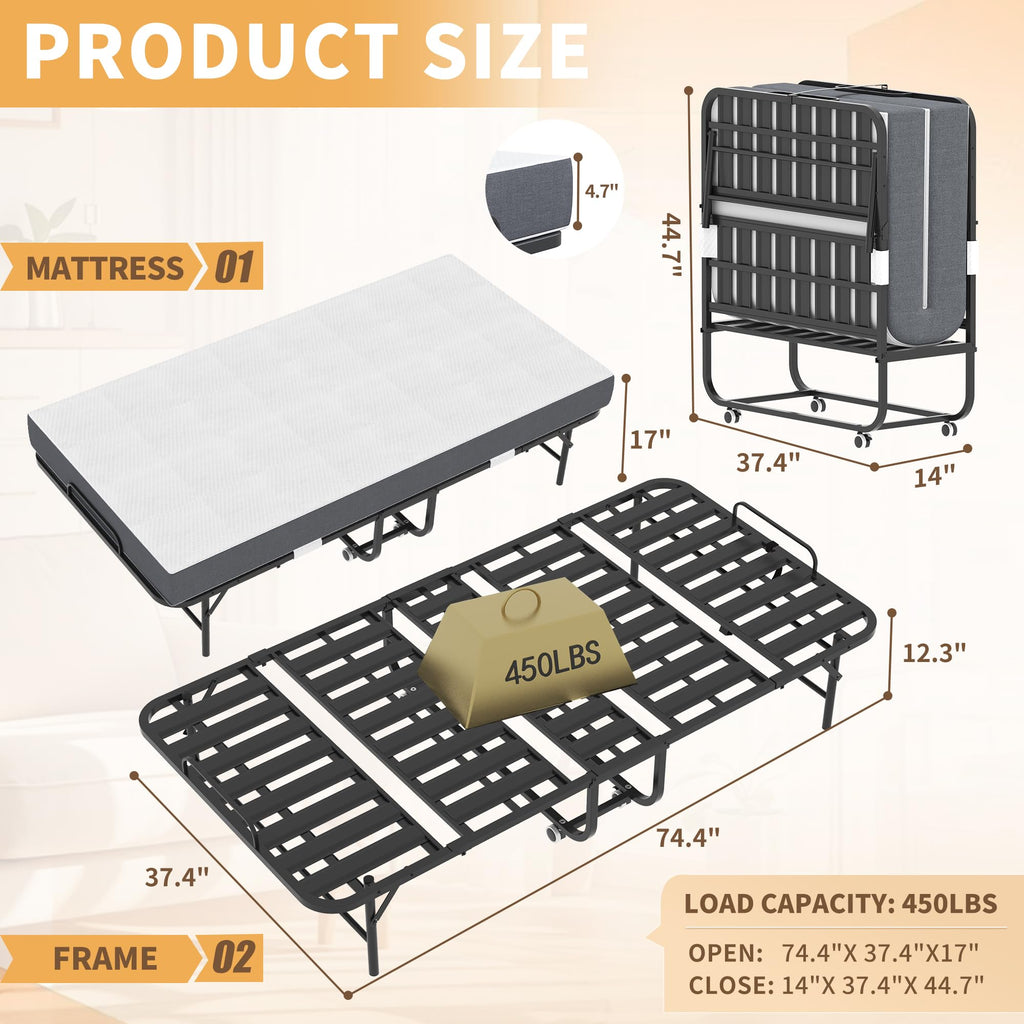 Folding Bed with Mattress, Twin Size, Portable Rollaway Bed on Wheels with Memory Mattress and Metal Frame Y65933