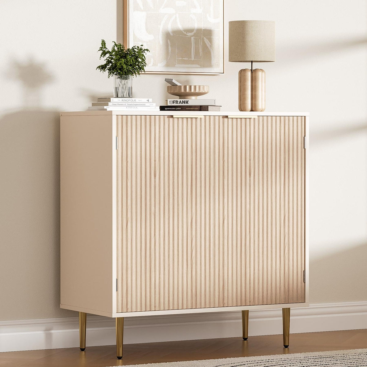 Oak Fluted Sideboard Storage Cabinet with 2 Doors L557