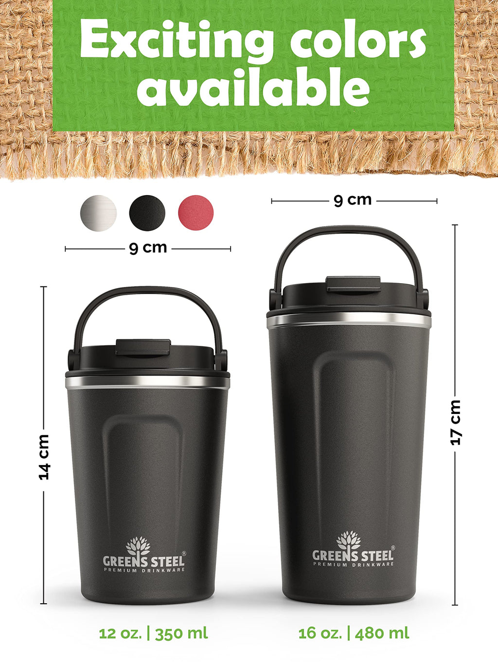 16 oz Black Stainless Steel Insulated Coffee Cup with Lid and Handle H360