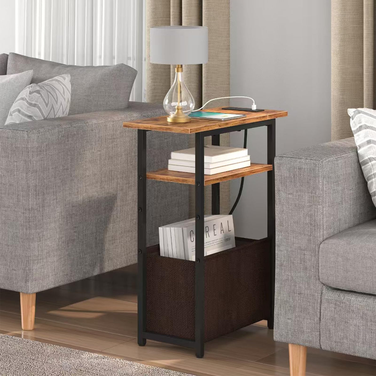 Narrow Side Table with Charging Station, 3 Tier End Table with Storage Basket Y637949