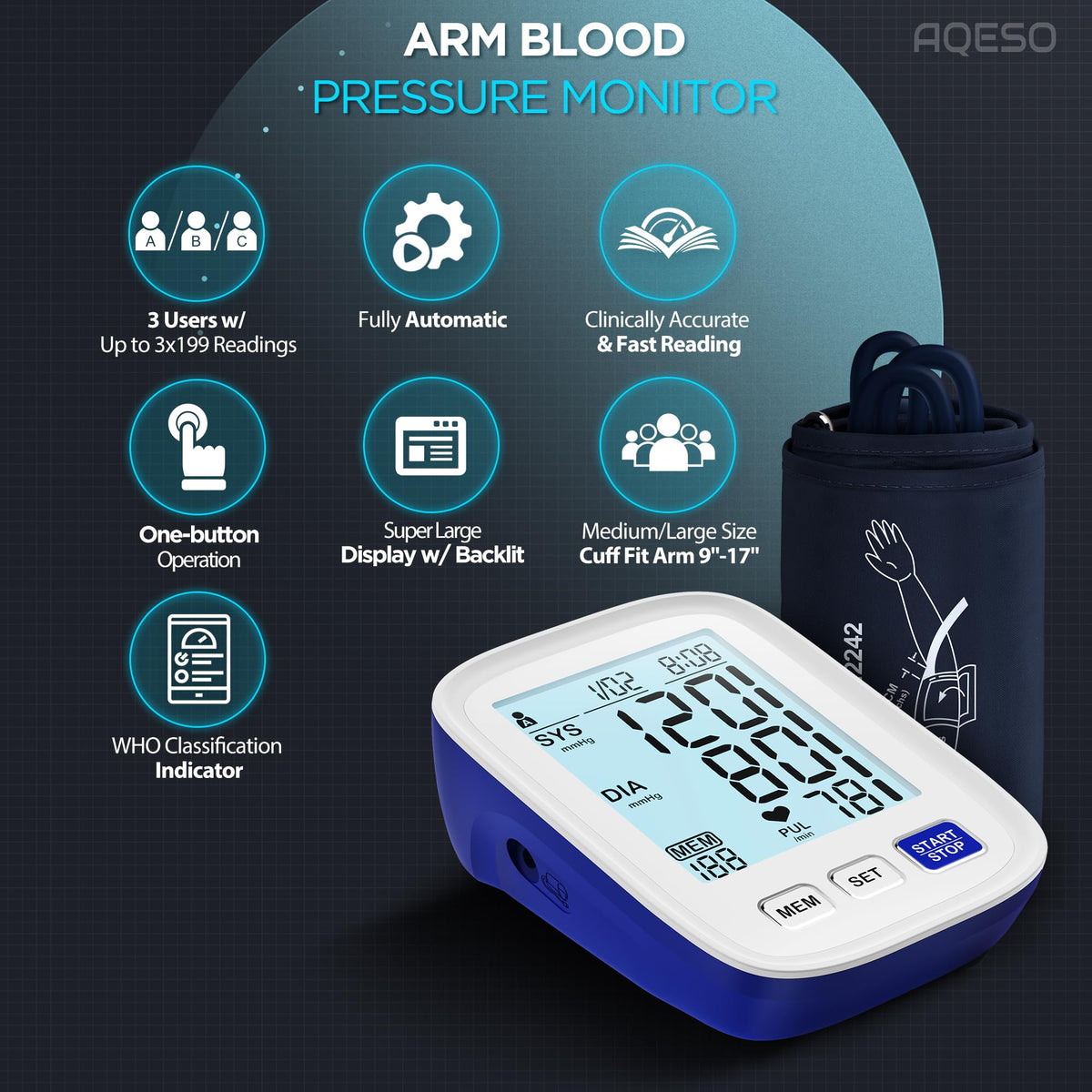 Automatic Digital Blood Pressure Monitor, 9-17 Inches Cuff, Large Backlit Screen Z58394