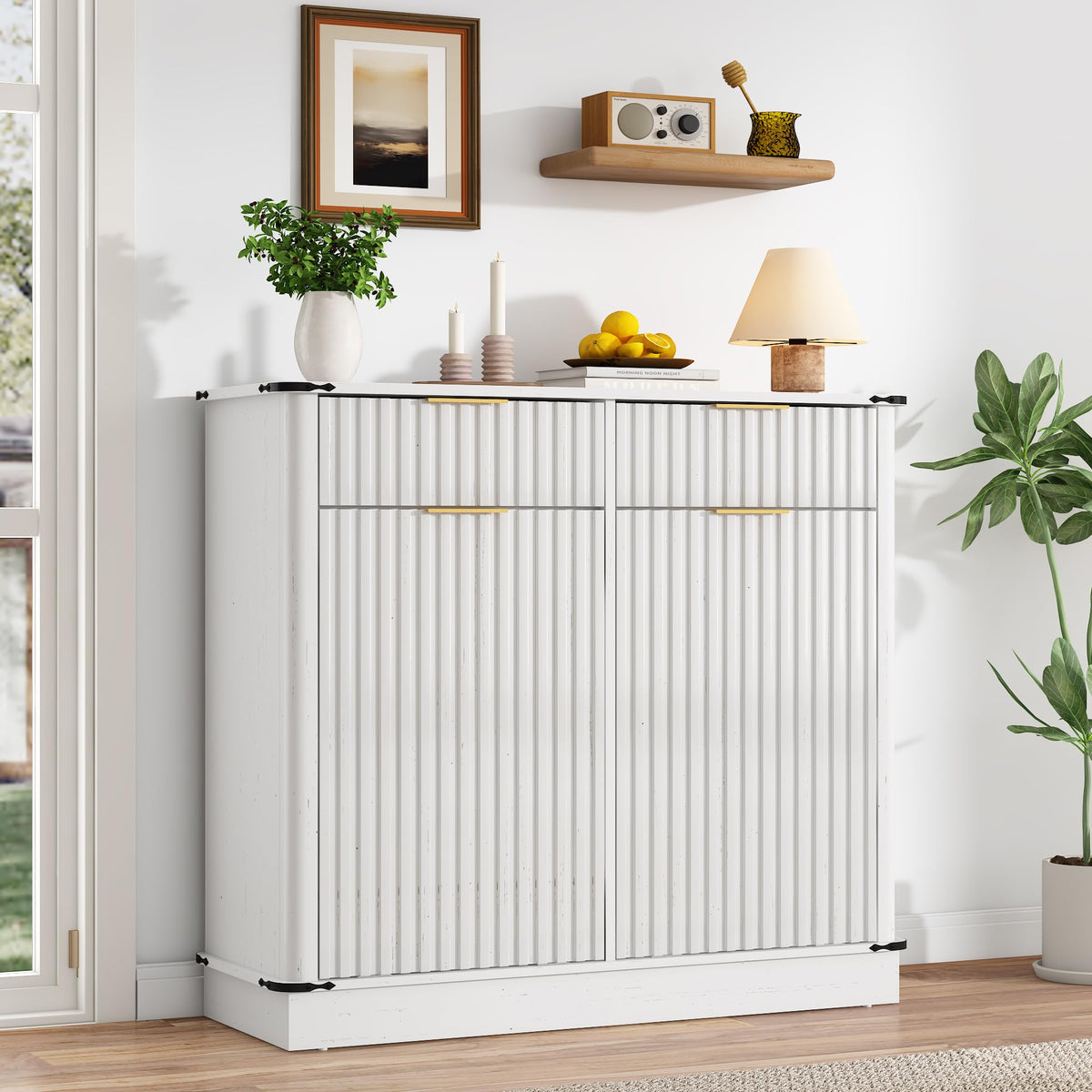White 20 Gallon Tilt Out Trash Cabinet with Charging Station and 2 Drawers D93774