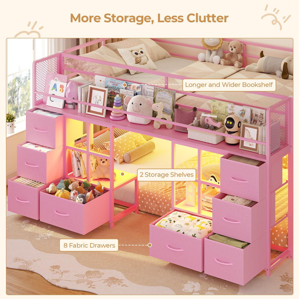 Twin Over Twin Bunk Bed with 8 Drawers & Bookshelf D4961