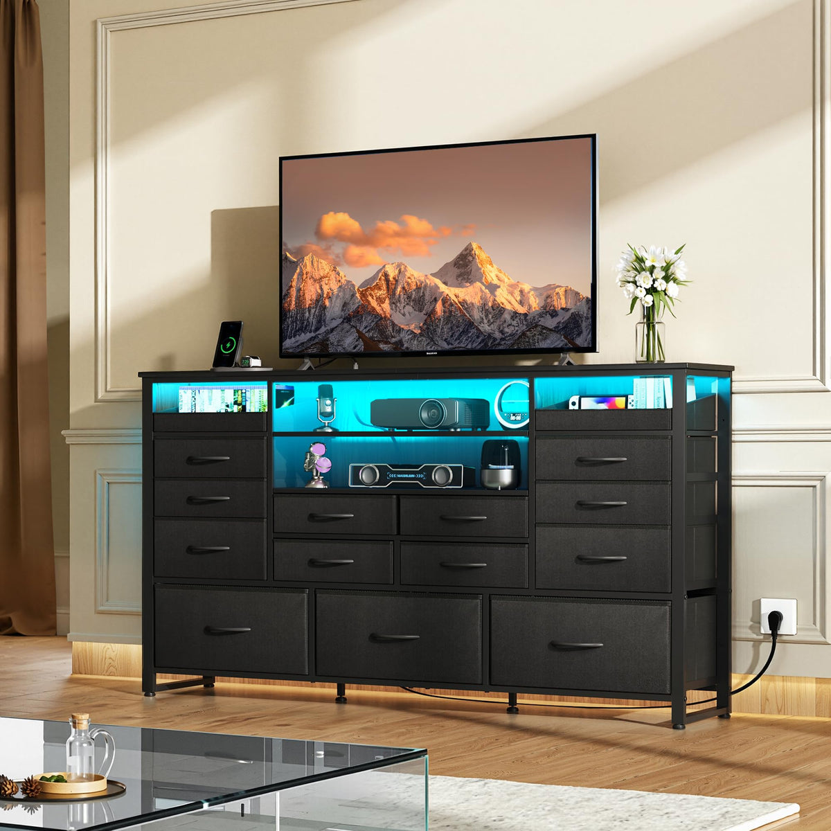 Black TV Stand with LED Lights & Charging Station, 15 Fabric Drawers G476969