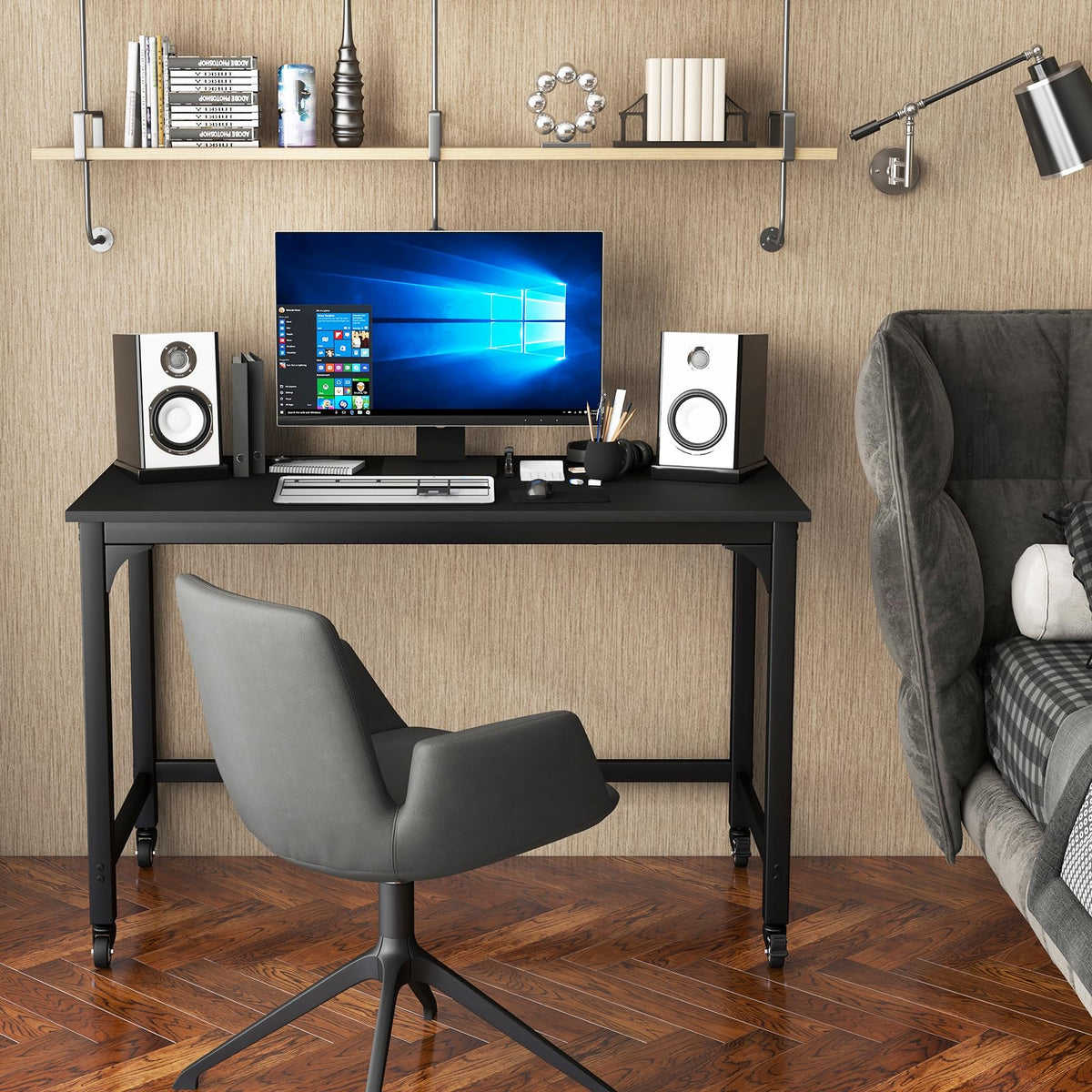 48” Mobile Computer Desk with 4 Lockable Wheels, Black Metal Frame I556877