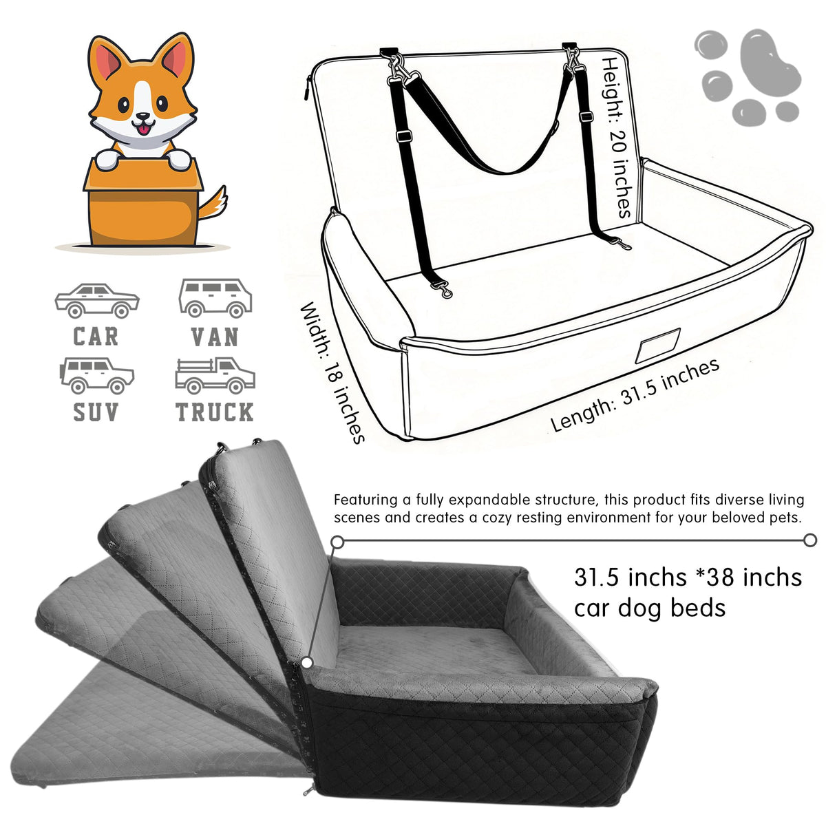 Large Dog Car Seat Portable Travel Dog Bed Velvet Memory Foam T7756