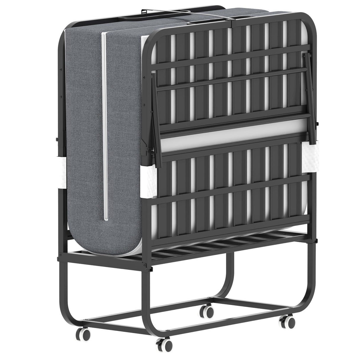Folding Bed with Mattress, Twin Size, Portable Rollaway Bed on Wheels with Memory Mattress and Metal Frame Y65933