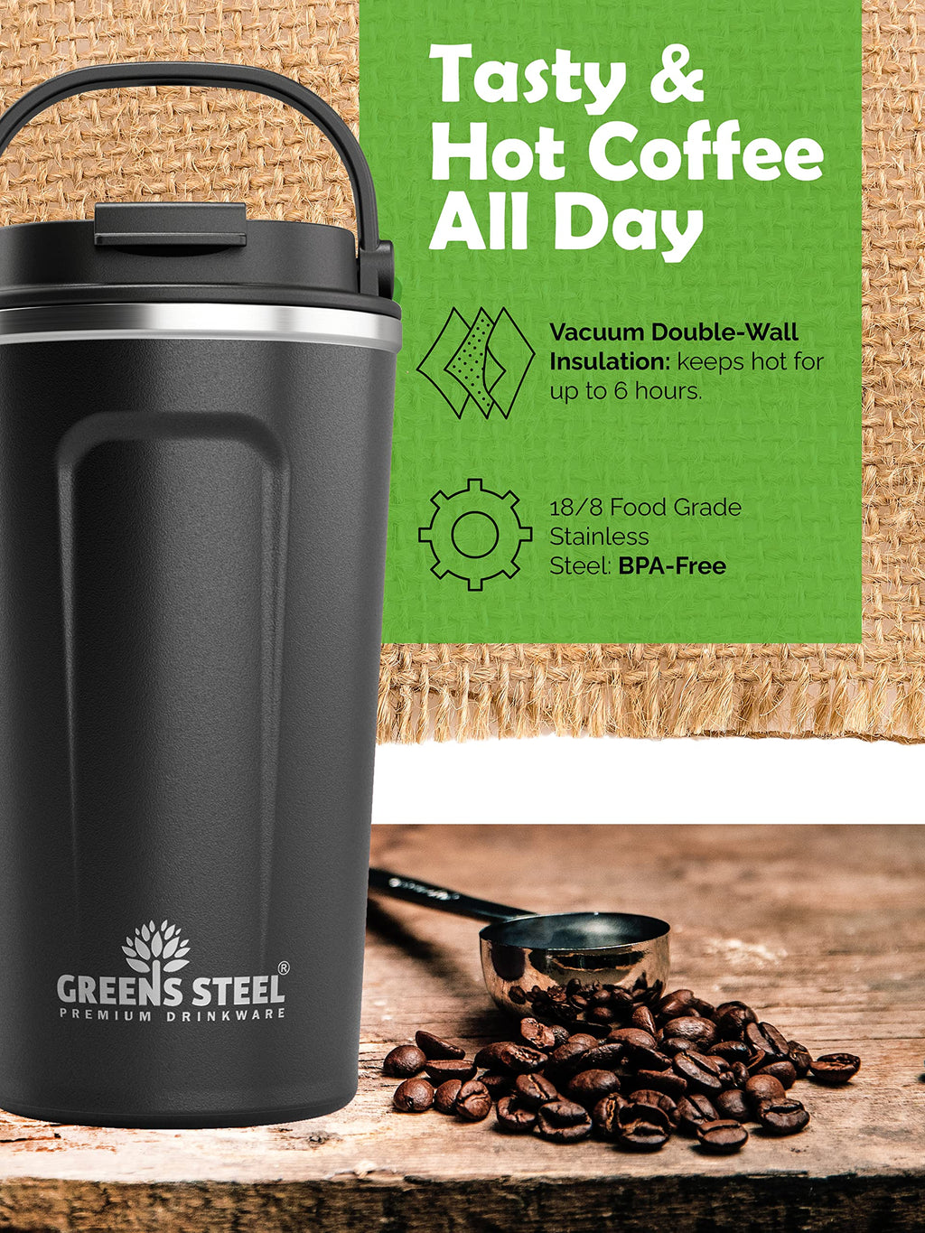 16 oz Black Stainless Steel Insulated Coffee Cup with Lid and Handle H360