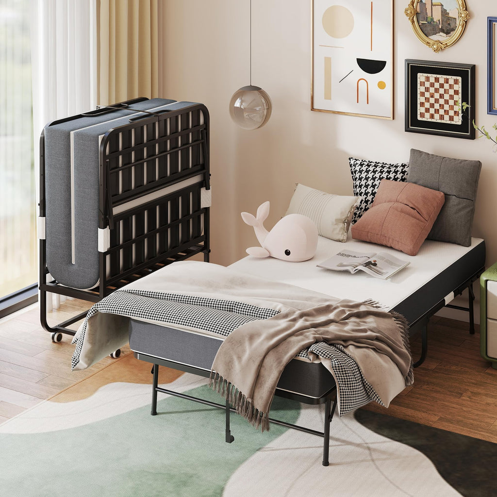 Folding Bed with Mattress, Twin Size, Portable Rollaway Bed on Wheels with Memory Mattress and Metal Frame Y65933