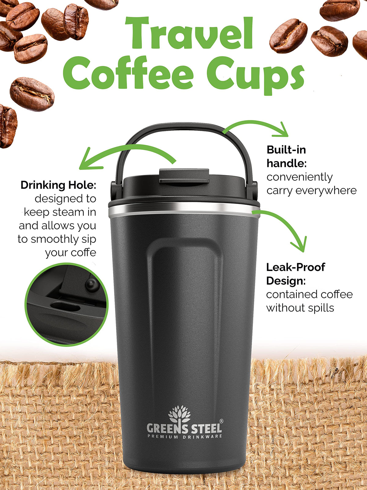 16 oz Black Stainless Steel Insulated Coffee Cup with Lid and Handle H360