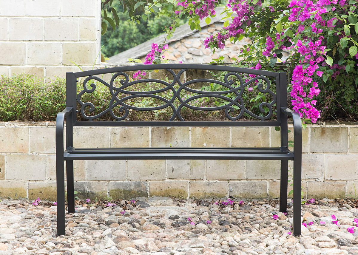 Steel Outdoor Patio Garden Bench with Cast Iron Backrest I852973