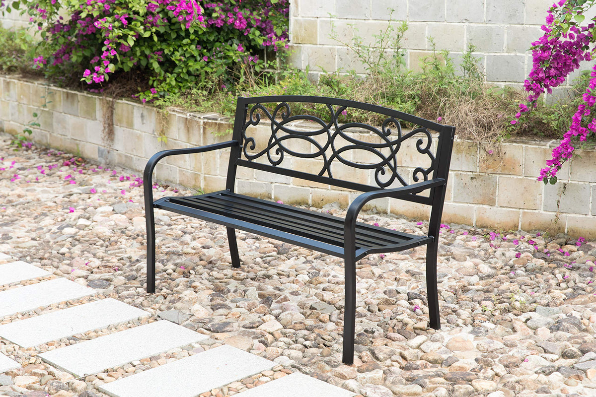 Steel Outdoor Patio Garden Bench with Cast Iron Backrest I852973