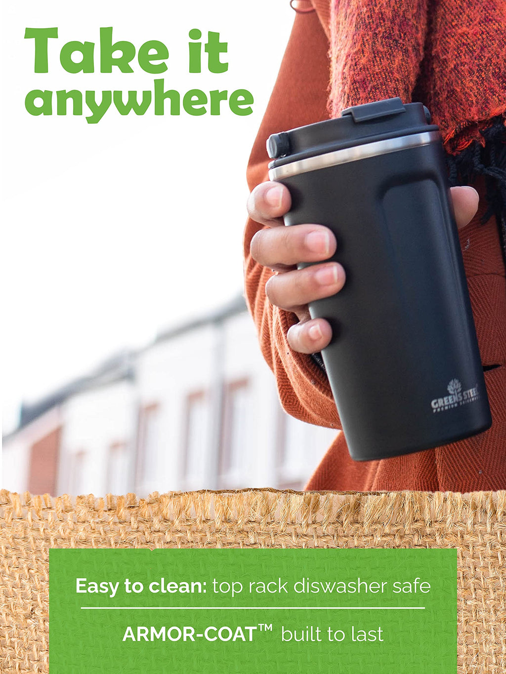 16 oz Black Stainless Steel Insulated Coffee Cup with Lid and Handle H360