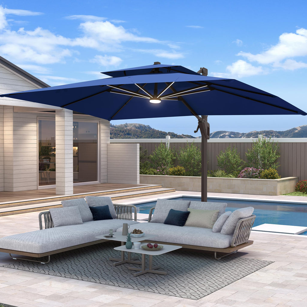 10 X 13 FT Cantilever Patio Umbrella with Base & Lights L5468