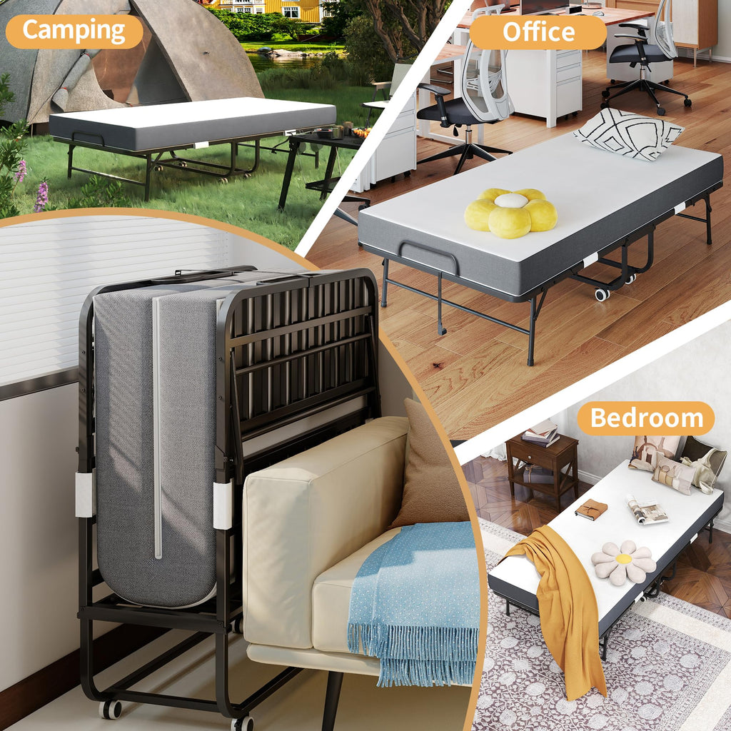 Folding Bed with Mattress, Twin Size, Portable Rollaway Bed on Wheels with Memory Mattress and Metal Frame Y65933
