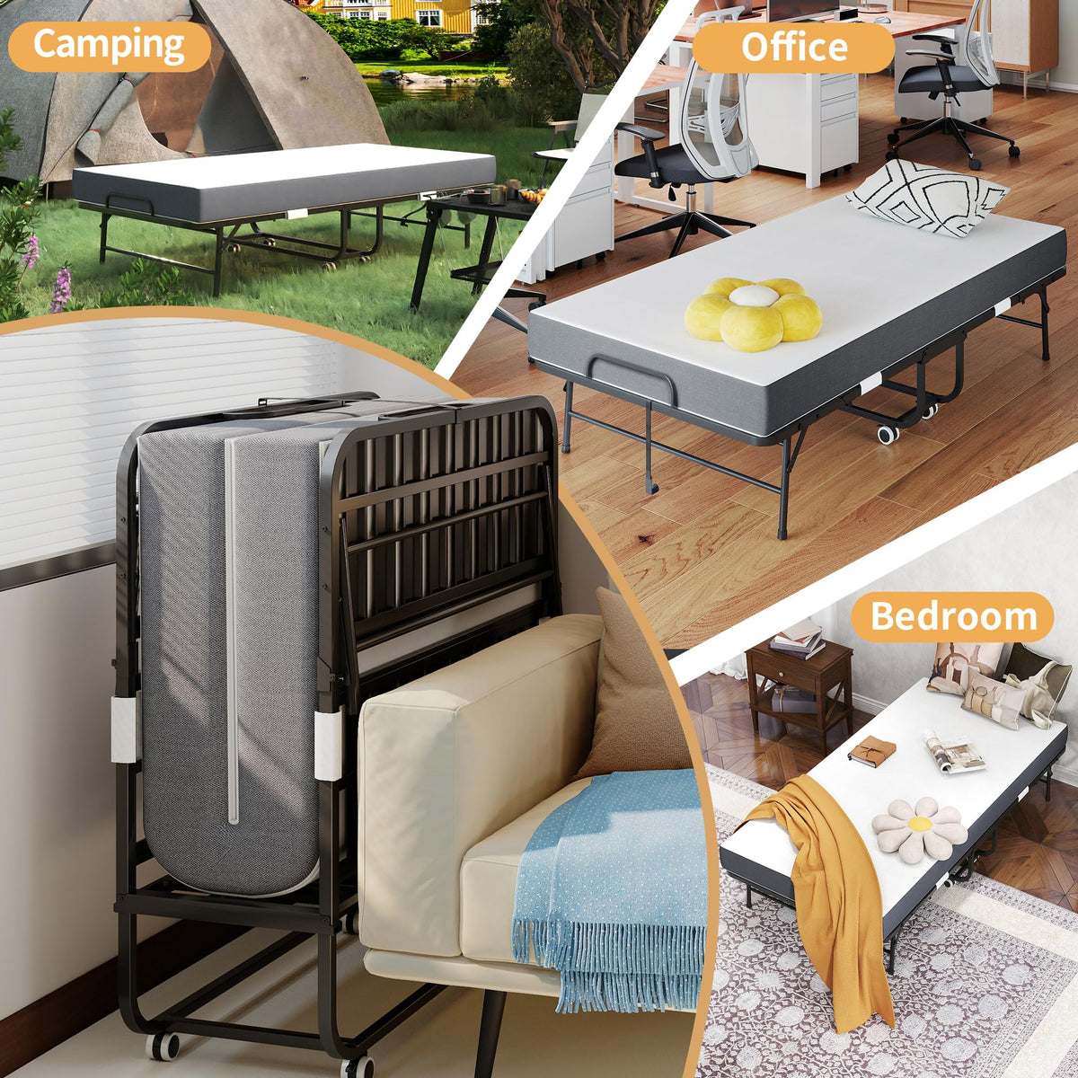Folding Bed with Mattress, Twin Size, Portable Rollaway Bed on Wheels with Memory Mattress and Metal Frame Y65933