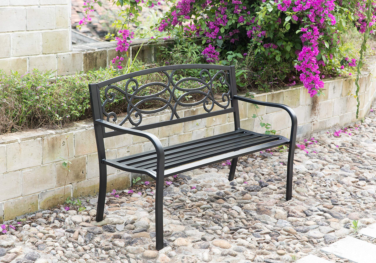 Steel Outdoor Patio Garden Bench with Cast Iron Backrest I852973