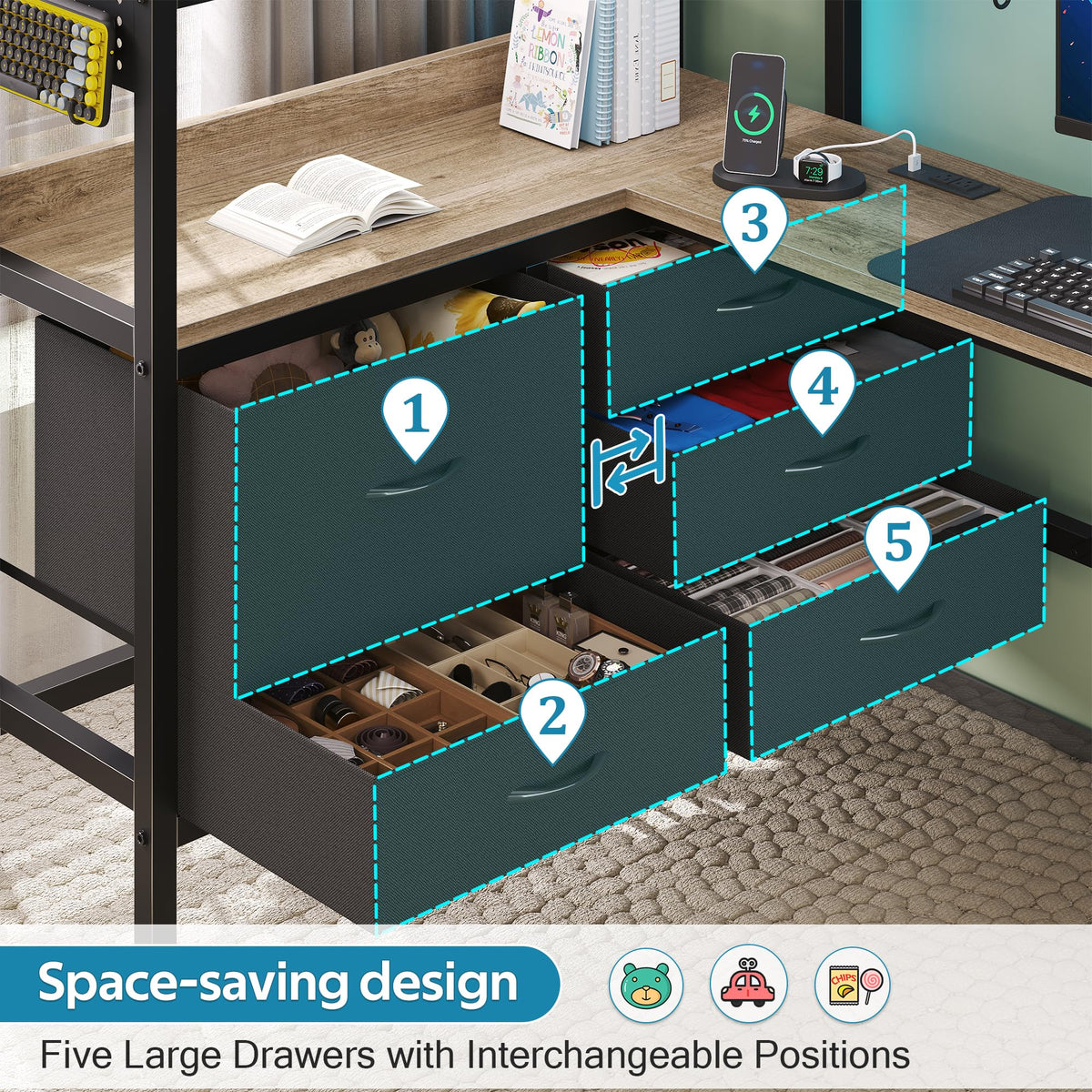 Twin Size Loft Bed with Desk and 5 Drawer L4893