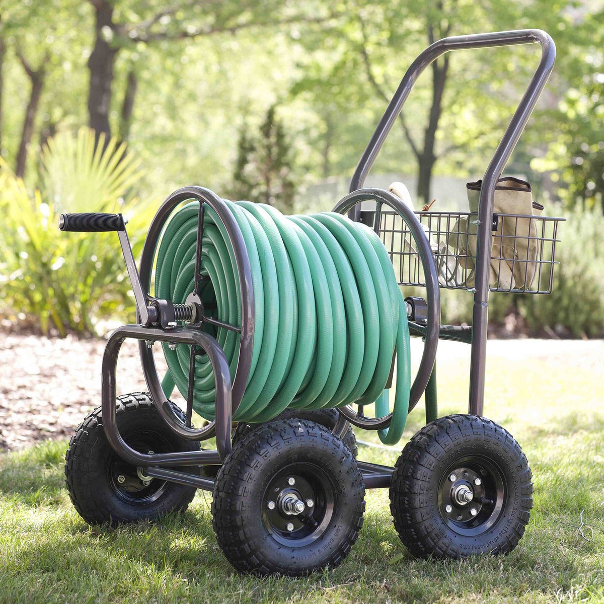Four Wheel 250 Foot Capacity Steel Frame Water Hose Reel Cart with Basket X851912